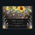 Rustikaler 50. Geburtstag Sonnenblume Schwarzer Ge Einladungspostkarte<br><div class="desc">Rustikale 50. Überraschung Geburtstagsparty Einladung. Sonnenblumen und Lavendelleuchten,  Holz. Holzzaun. Schwarz.</div>