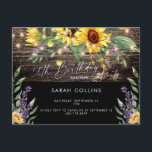 Rustikaler 50. Geburtstag Sonnenblume Schwarzer Ge Einladungspostkarte<br><div class="desc">Rustikale 50. Überraschung Geburtstagsparty Einladung. Sonnenblumen und Lavendelleuchten,  Holz. Holzzaun. Schwarz.</div>