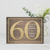 Rustikaler 60. Geburtstag Einladung Gold Glitzer (Stehend Vorderseite)