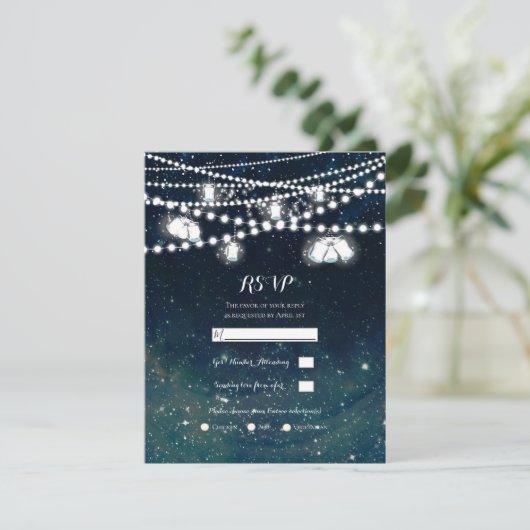 Rustikaler Abend Sky Mason Jar Lights Wedding RSVP Einladung (Stehend Vorderseite)