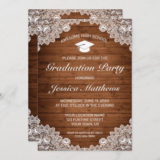 Rustikaler Abschluss aus Holz und Weißspitzen Einladung (Vorne/Hinten)