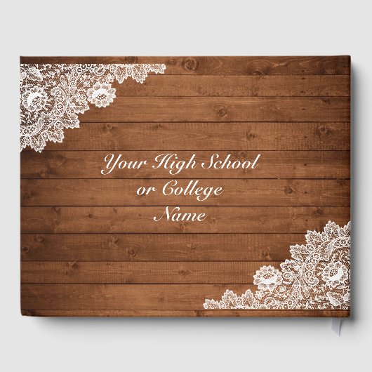 Rustikaler Abschluss aus Holz und Weißspitzen Gästebuch (Rückseite)