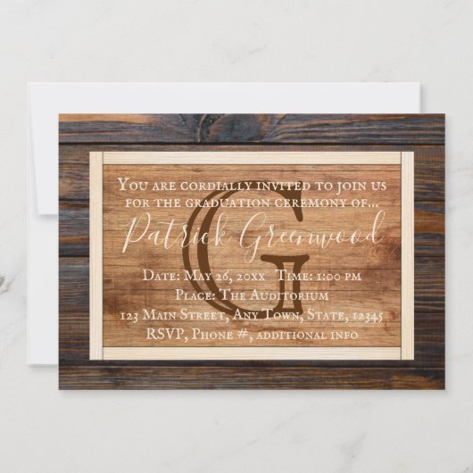 Rustikaler Abschluss aus Ton, Monogramm Einladung (Rückseite)