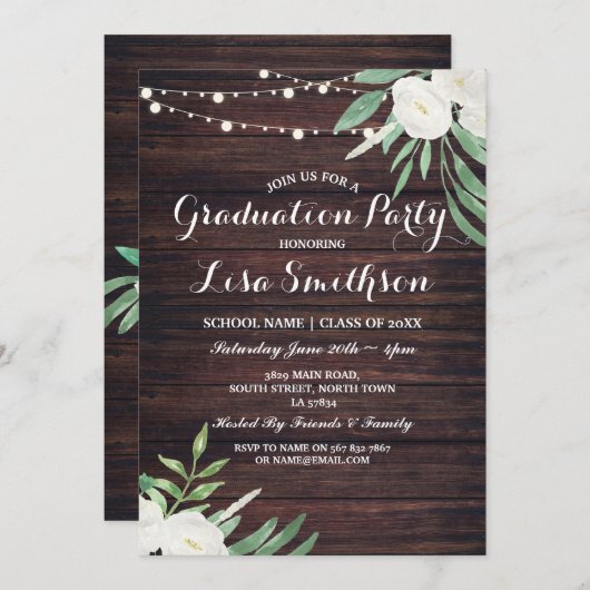 Rustikaler Abschluss Weiße Blume Lights Wood einla Einladung (Vorne/Hinten)