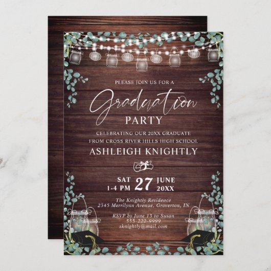 Rustikaler Abschluss Wood Eukalyptus String Lights Einladung (Vorne/Hinten)