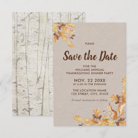 Rustikaler Acorns Oak Birch Erntedank Save the Dat Date (Vorne/Hinten)