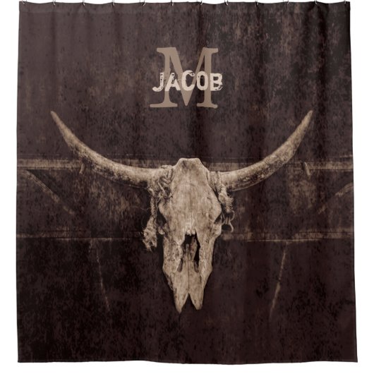Rustikaler alter Western Braun Beige Bull Skull Mo Duschvorhang (Vorderseite)