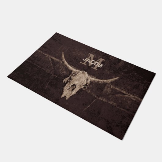 Rustikaler alter Western Bull Skull Brown Beige Mo Fußmatte (Schrägansicht)