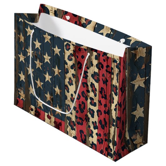 Rustikaler amerikanischer Flaggen-Leoparden-Druck  Große Geschenktüte (Vorderseite Schrägansicht)