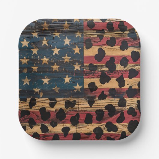 Rustikaler Amerikanischer Flaggen-Leoparden-Druck Pappteller (Vorderseite)