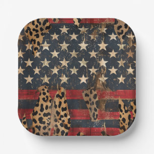 Rustikaler Amerikanischer Flaggen-Leoparden-Druck Pappteller