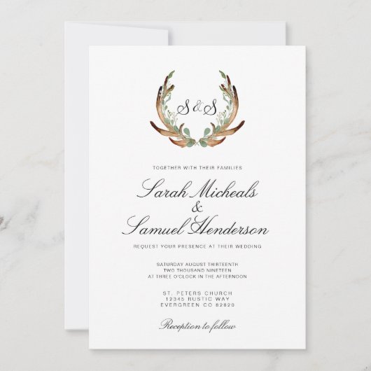 Rustikaler Antler | Formell | Dark Greenerity Wedd Einladung (Vorderseite)
