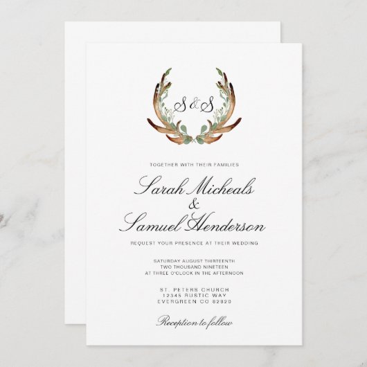 Rustikaler Antler | Formell | Dark Greenerity Wedd Einladung (Vorne/Hinten)