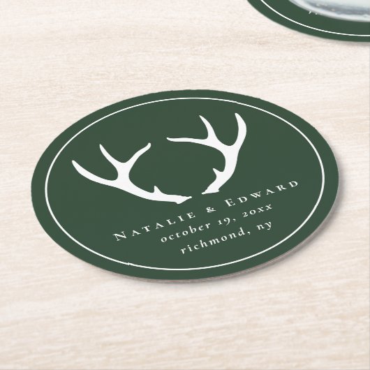 Rustikaler Antler Save the Date Runder Pappuntersetzer (Angewinkelt)