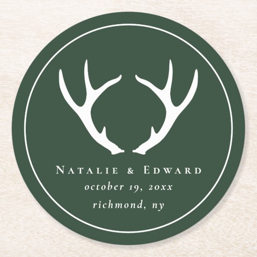 Rustikaler Antler Save the Date Runder Pappuntersetzer (Vorderseite)