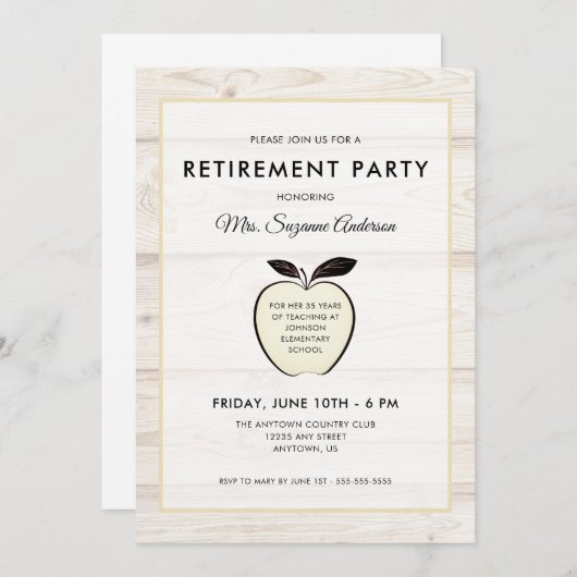 Rustikaler Apple | Lehrerruhestandsleben-Party Einladung (Vorne/Hinten)