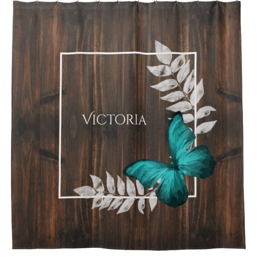 Rustikaler Aquamariner Schmetterling Personalisier Duschvorhang (Vorderseite)