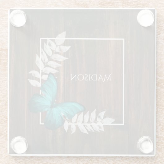 Rustikaler Aquamariner Schmetterling Personalisier Glasuntersetzer (Rückseite)