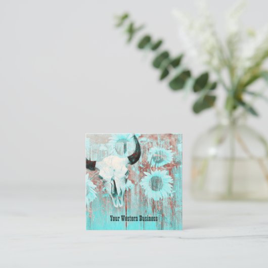 Rustikaler Aquamariner Western Bull Skull Sonnenbl Quadratische Visitenkarte (Stehend Vorderseite)