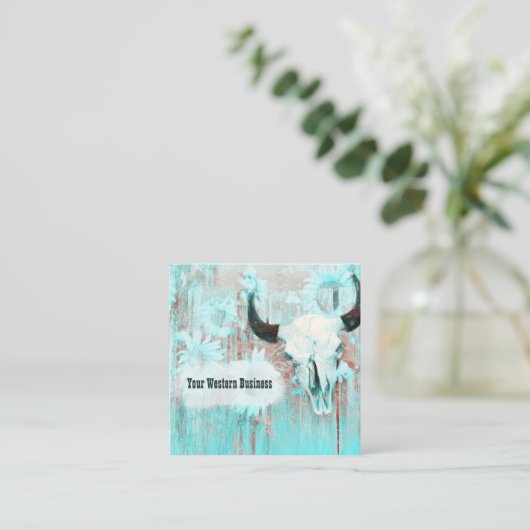 Rustikaler Aquamariner Western Bull Skull Sonnenbl Quadratische Visitenkarte (Stehend Vorderseite)