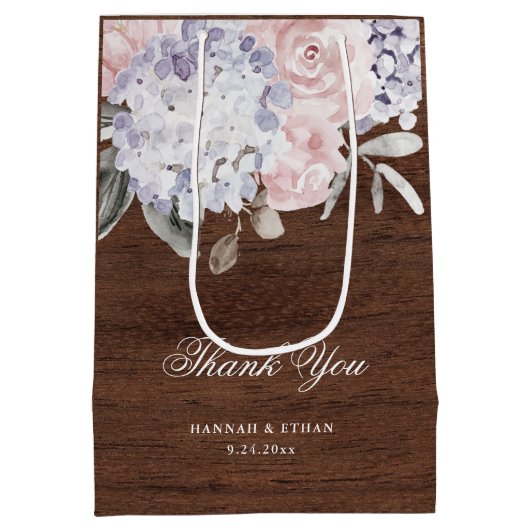 Rustikaler Aquarellhydrangea-hölzerner Blick Mittlere Geschenktüte (Rückseite)