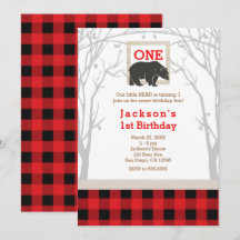 Rustikaler Bär Kariert 1. Geburtstag Party Einladu