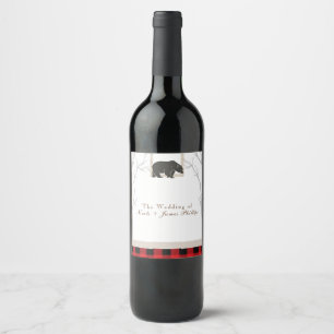 Rustikaler Bär & Rotkariertes Holz Hochzeits Wein Weinetikett