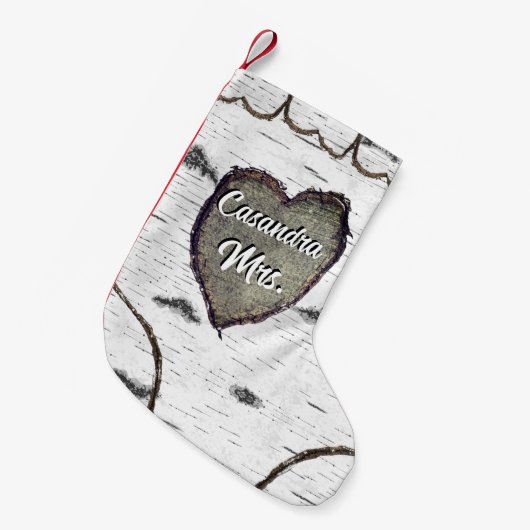 Rustikaler Bark Wood Carved Heart Aspen Tree Kleiner Weihnachtsstrumpf (Vorderansicht (hängend))