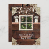 Rustikaler Barn Window Tree & Mason Jar Save the D Ankündigungspostkarte (Vorne/Hinten)