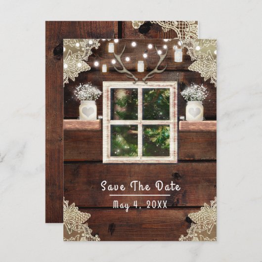 Rustikaler Barn Window Tree & Mason Jar Save the D Ankündigungspostkarte (Vorne/Hinten)