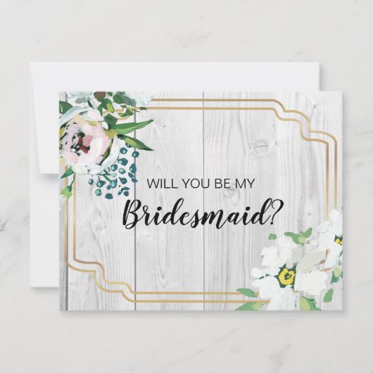 Rustikaler Barnwood Floral Gold Bridesmaid Vorschl Einladung (Vorderseite)