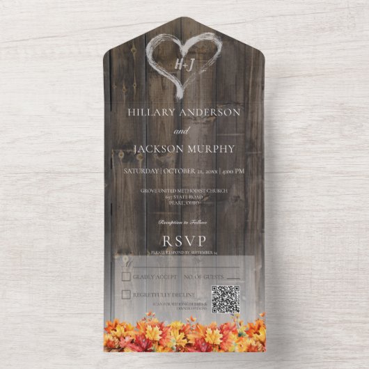 Rustikaler Barnwood & Herbstlaubs QR-Code All In One Einladung (Innen Boden)
