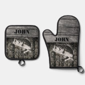 Rustikaler Bassfischer Name Holzsportarten im Frei Ofenhandschuh & Topflappen-Set (Vorderseite)