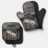 Rustikaler Bassfischer Name Holzsportarten im Frei Ofenhandschuh & Topflappen-Set (Vorderseite/Rückseite)