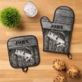 Rustikaler Bassfischer Name Holzsportarten im Frei Ofenhandschuh & Topflappen-Set (Oben Unten)