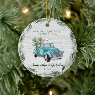 Rustikaler Bauernhaus-LKW Erstes Weihnachten Her Keramik Ornament