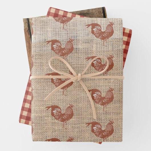 Rustikaler Bauernhof Burlap Chicken Wrapping Paper Geschenkpapier Set (Beispiel)
