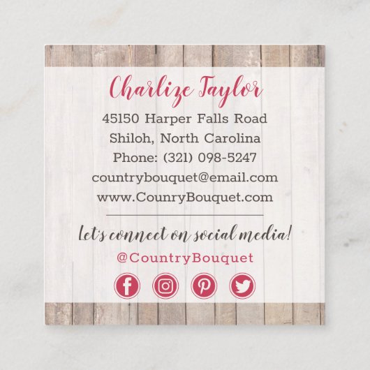 Rustikaler Bauernhof Holz Landhaus Floral Social M Quadratische Visitenkarte (Rückseite)