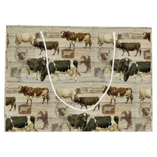 Rustikaler Bauernhof Kuh Holz Muster Maskuline Große Geschenktüte (Rückseite)