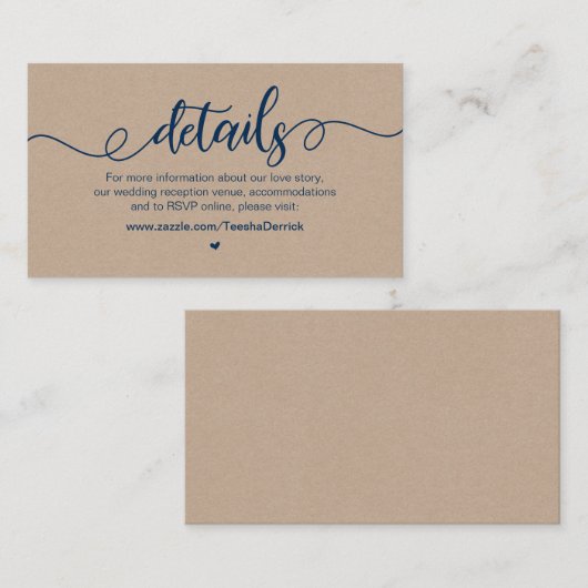 Rustikaler Bauernhof, Navy Blue, Kraft, Hochzeitde Begleitkarte (Vorne/Hinten)