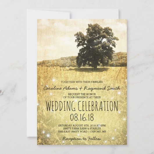 Rustikaler Baum auf verzauberter Wiesenhochzeit Einladung (Vorderseite)