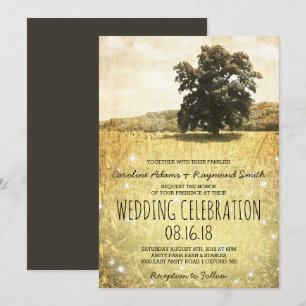 Rustikaler Baum auf verzauberter Wiesenhochzeit Einladung