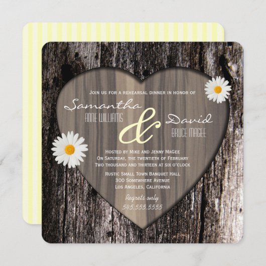 Rustikaler Baum Bark Herz und Daisy Probe Abendess Einladung (Vorne/Hinten)