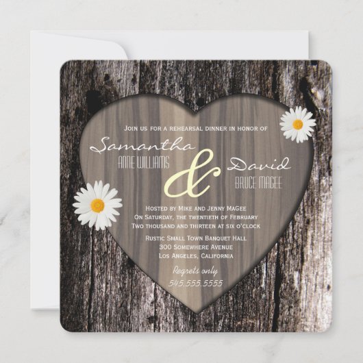 Rustikaler Baum Bark Herz und Daisy Probe Abendess Einladung (Vorderseite)