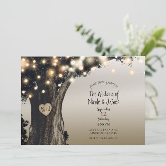 Rustikaler Baum & Licht Moderne Barnhochzeit Einladung (Stehend Vorderseite)