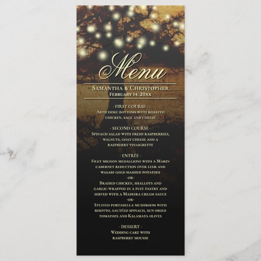 Rustikaler Baum mit Lichtereihen Menükarte (Vorderseite)