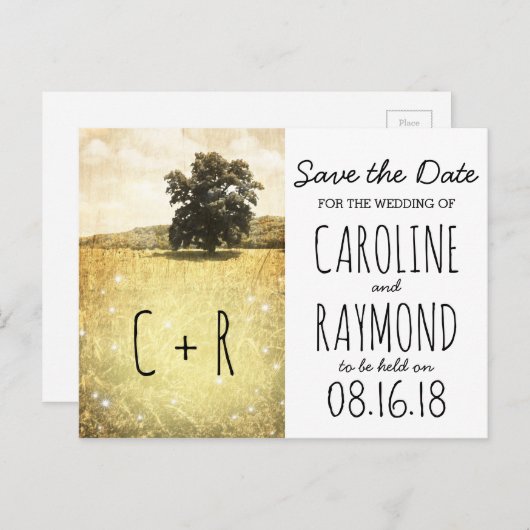 Rustikaler Baum Save the Date verzauberte Feuerstä Ankündigungspostkarte (Vorne/Hinten)