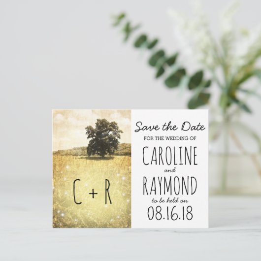 Rustikaler Baum Save the Date verzauberte Feuerstä Ankündigungspostkarte (Stehend Vorderseite)