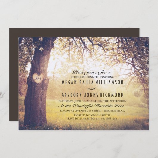 Rustikaler Baum und Carved Heart Probe Dinner Einladung (Vorne/Hinten)
