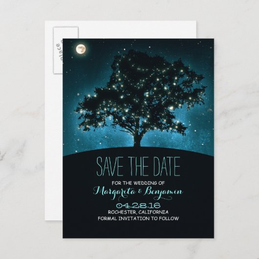 Rustikaler Baum und Lichterfolge Save the Date Ankündigungspostkarte (Vorne/Hinten)